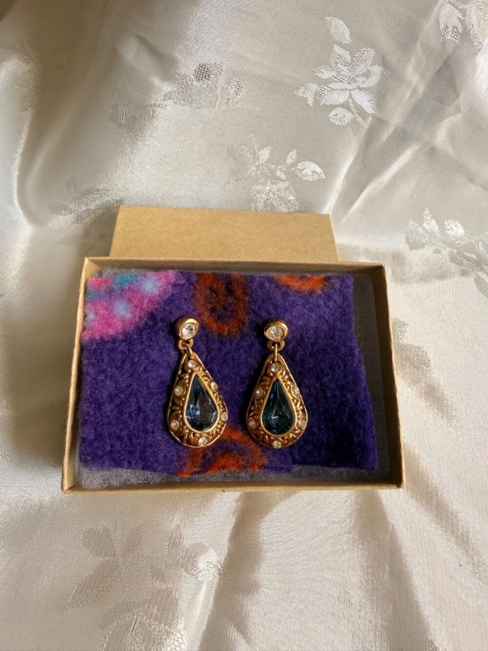 Vintage Avon Gold-Tone Blue & Clear Faux Gems Teardrop Dangle Earrings